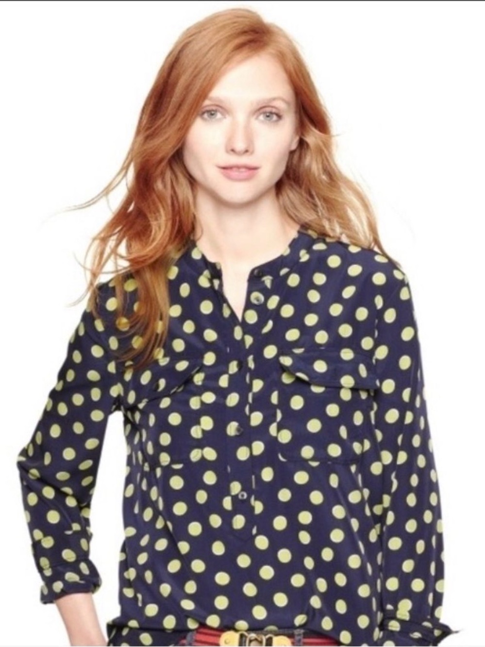 Women’s GAP Navy & Lime Green Polka Dot Long Sleeve Blouse Maximalist Workwear